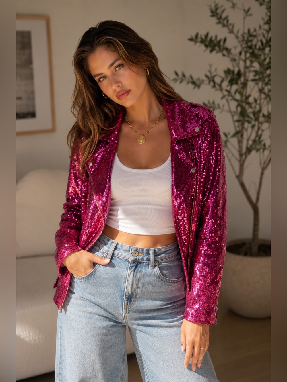 Make Way for Sequin Moto Jacket in Fuchsia - Picture 1 of 11